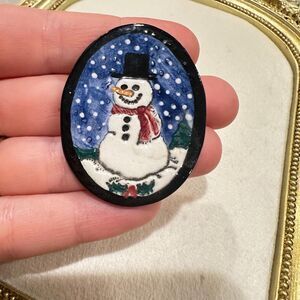 Vintage Jewelry Ceramic Painted Snowman Winter Brooch Christmas Pin